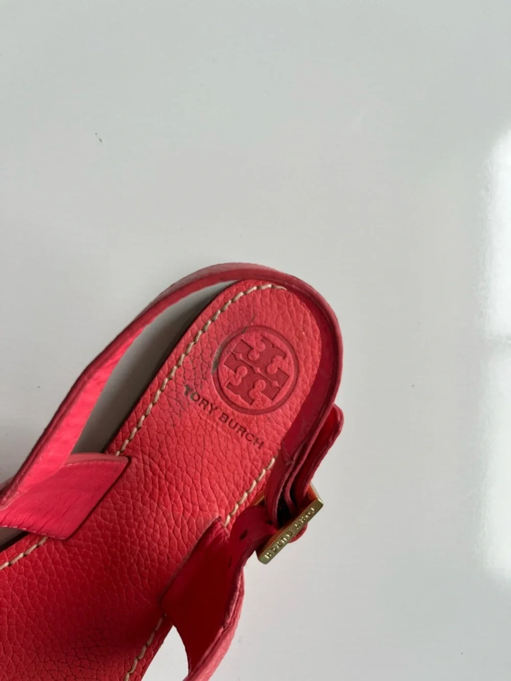 Tory Burch pink coral Leather Logo Medallion Slingback Sandals